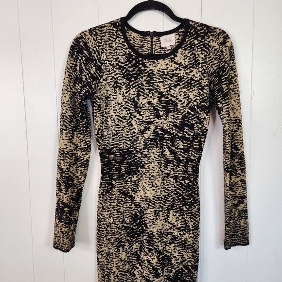 Parker Black Gold Knit Long Sleeve Knit Mini Bodycon Sweater Dress Size XS Cute - Picture 5 of 13